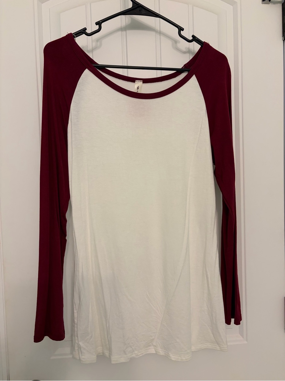 Vanilla Bay White Body Long Sleeve Raglan Top with Burgundy Sleeves